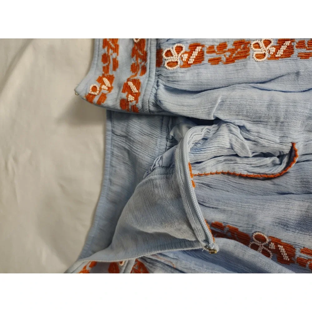 Tory Burch Light Blue Embroidered Beaded Mini Skirt Boho Cotton Blend Size 6